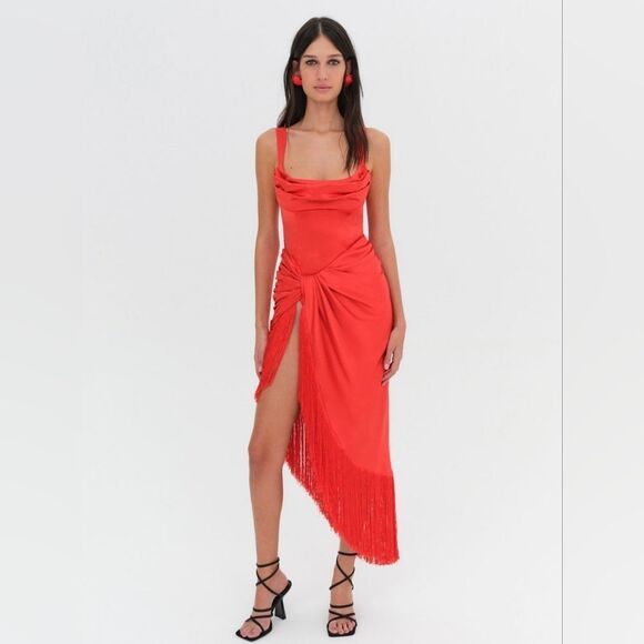 For Love & Lemons Anisa Asymmetrical Fringe Midi Dress Size Extra Small NWOT - Picture 4 of 16